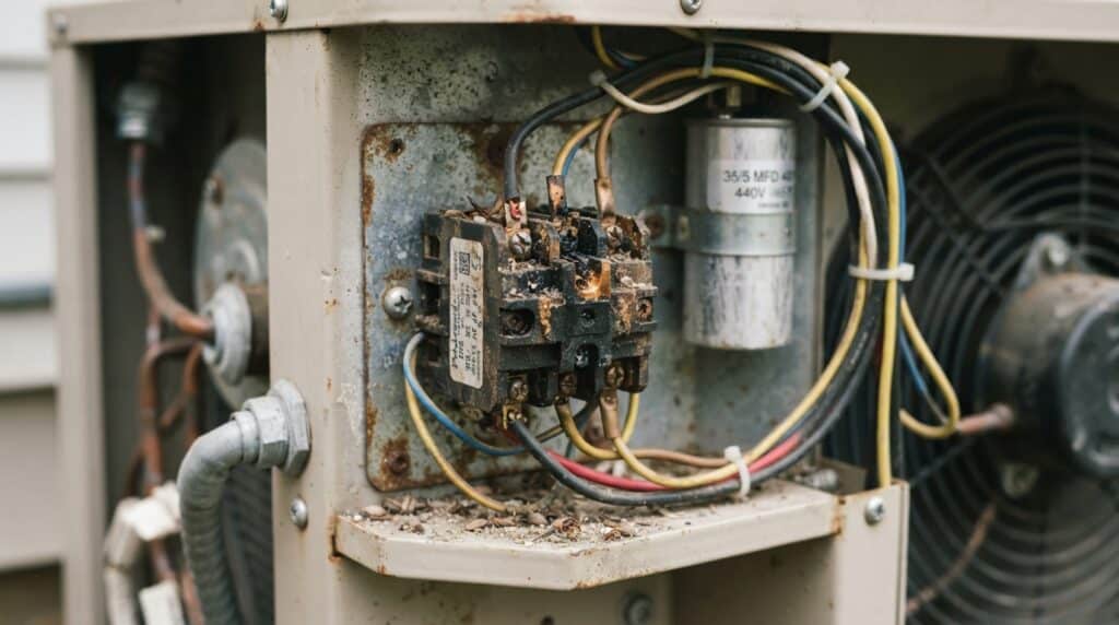 damagScorched Contactor Component Replacement: Emergency AC Repair in Bulverde TX | Honeycombed-contactor Scorched and burnt HVAC contactor switch inside an outdoor condenser unit requiring emergency AC repair in Bulverde TX by Honeycomb.