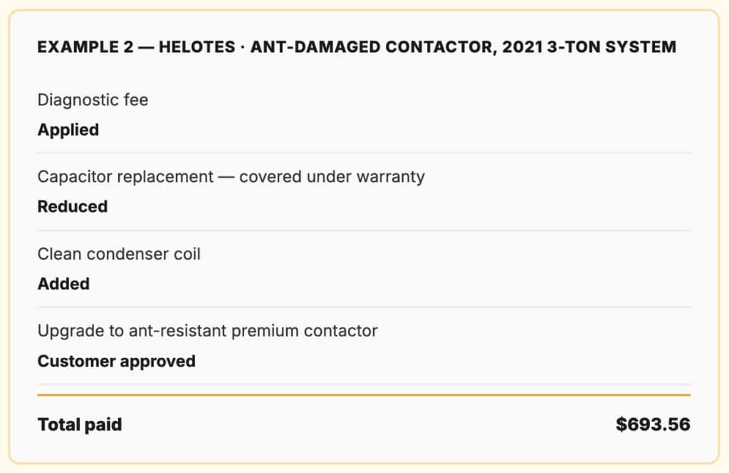 Sample invoice details for ant-damaged contactor replacement under warranty, outlining AC repair cost Bulverde TX, by Honeycomb.