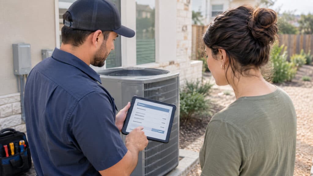 HVAC technician reviewing digital diagnostic options and AC repair cost Bulverde TX details on a tablet with a homeowner, by Honeycomb.