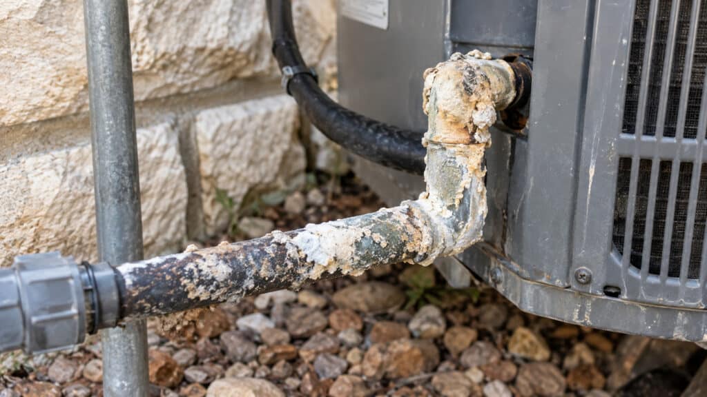 Heavily corroded metal elbow joint and drain line on an outdoor HVAC unit, impacting AC repair cost Bulverde TX, by Honeycomb.